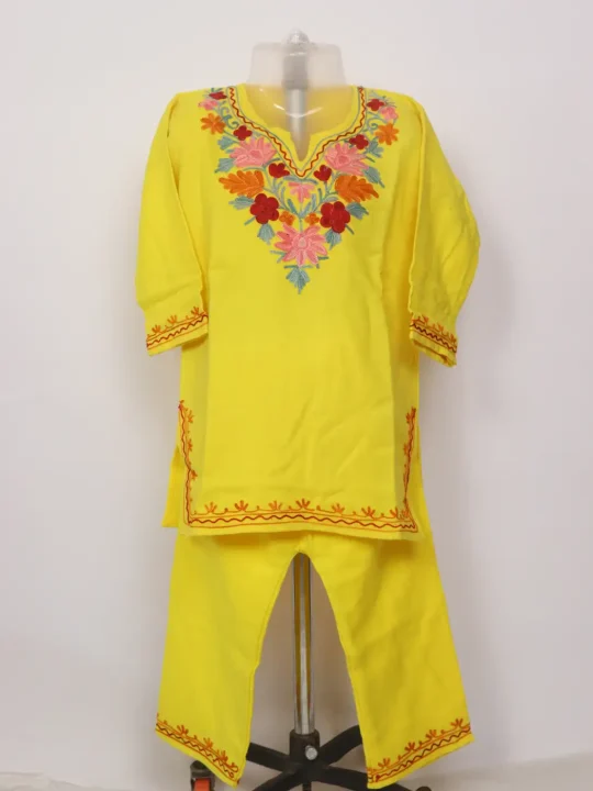 Farasa Yellow Kashmiri Girls 2pc Pheran Set With Aari Work In Cashmilon Wool (2 to 3Y)