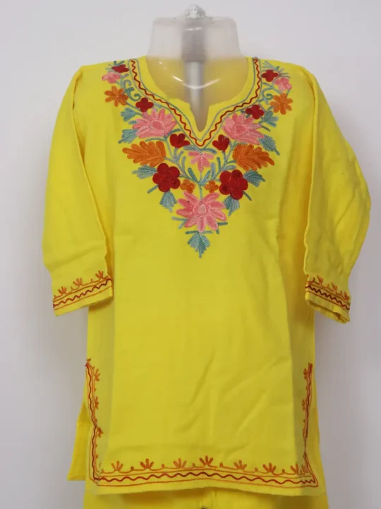 Farasa Yellow Kashmiri Girls 2pc Pheran Set With Aari Work In Cashmilon Wool (2 to 3Y) - Image 2