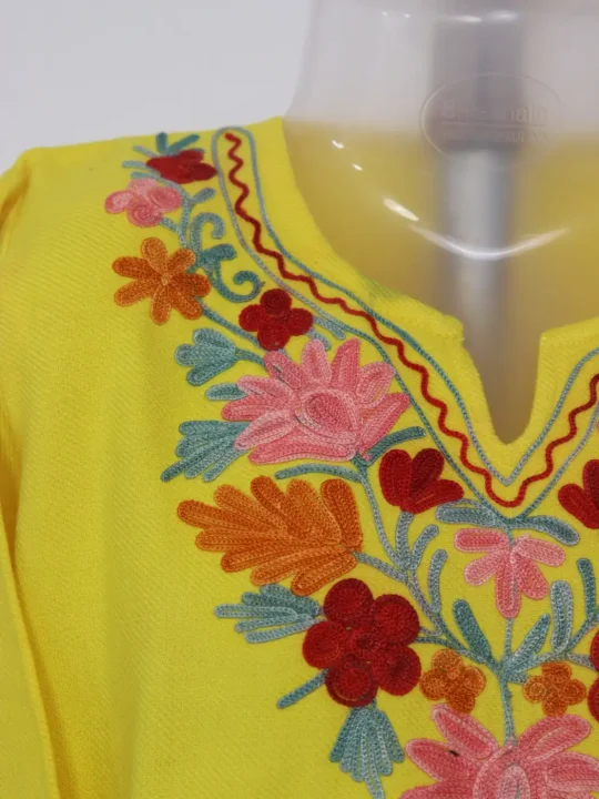 Farasa Yellow Kashmiri Girls 2pc Pheran Set With Aari Work In Cashmilon Wool (2 to 3Y) - Image 3