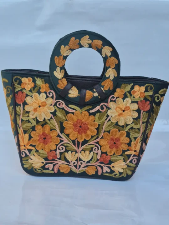 Fareeha Kashmiri Dark Green Basket Bag with Aari Embroidery