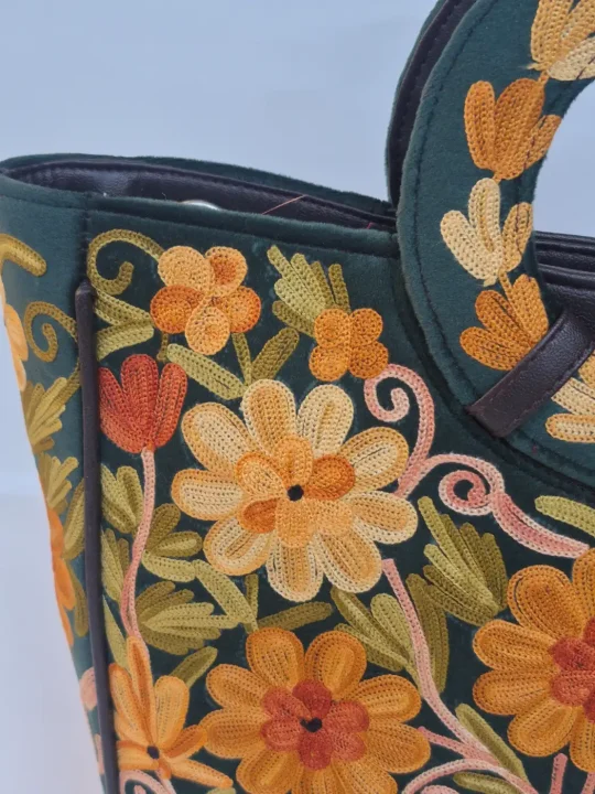 Fareeha Kashmiri Dark Green Basket Bag with Aari Embroidery - Image 2