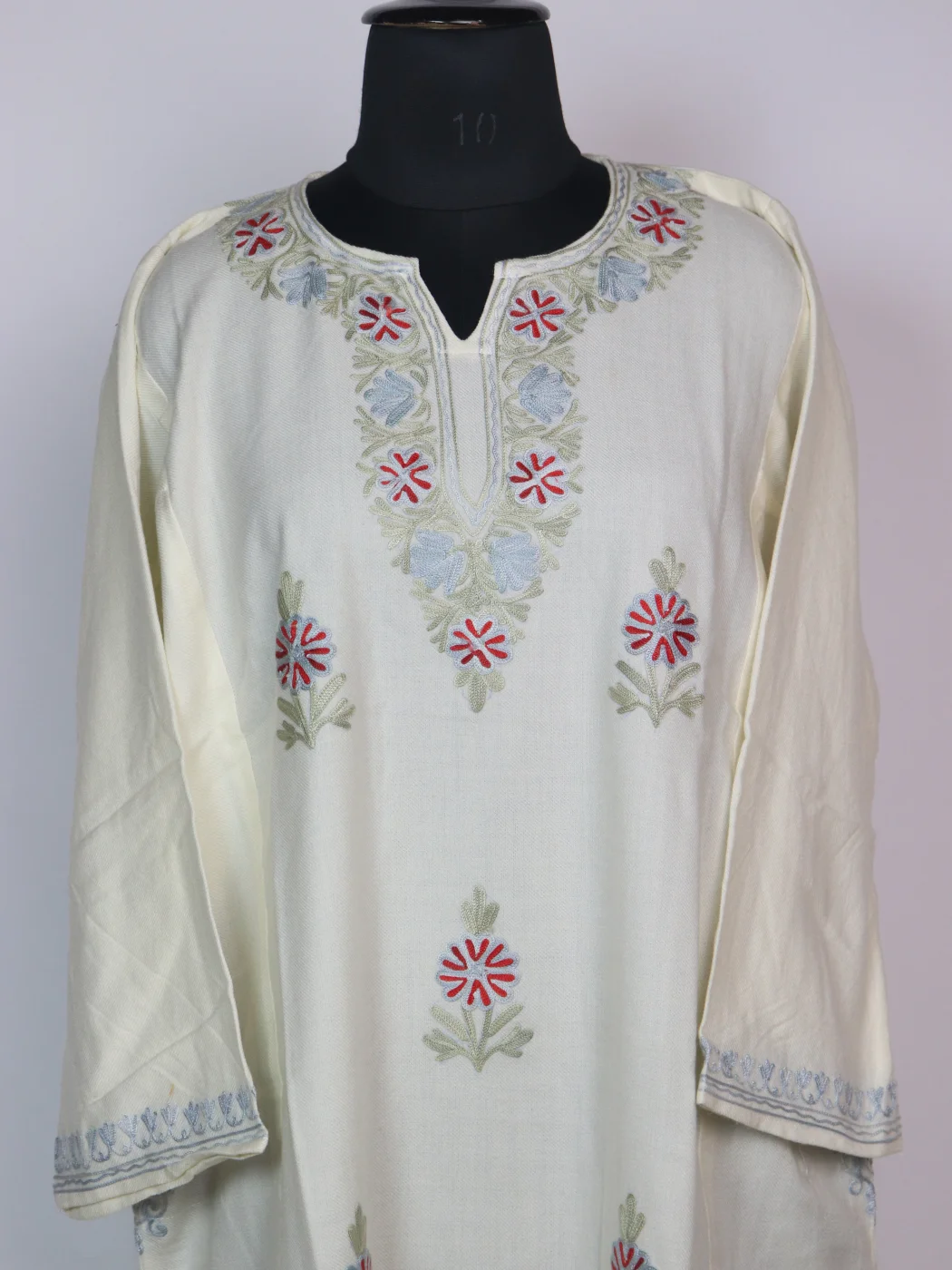 Fariyal Kashmiri Pheran 3 Pc Set In Cashmilon wool With Aari Work | Cream - Image 2