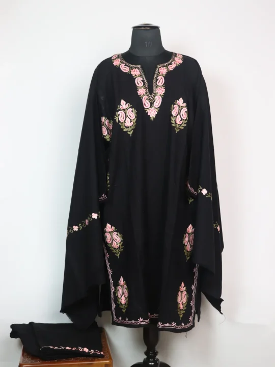 Black Kashmiri Pheran 3 Pc Set In Cashmilon wool With Aari Work | Shumaila