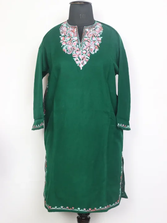 Firasah Kashmiri Girls Pheran in Green Cashmilon Wool with Aari Work(12 to 13Y)