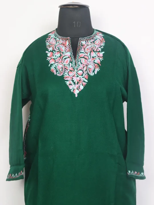 Firasah Kashmiri Girls Pheran in Green Cashmilon Wool with Aari Work(12 to 13Y) - Image 2