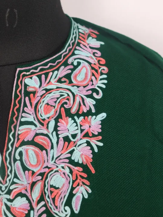 Firasah Kashmiri Girls Pheran in Green Cashmilon Wool with Aari Work(12 to 13Y) - Image 3