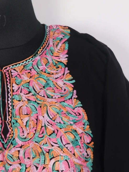 Gulposh Black Kashmiri Cashmilon Pheran with Aari Embroidery - Image 3