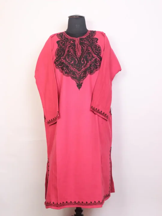 Pink Kashmiri Pheran Cashmilon With Black Aari Embroidered