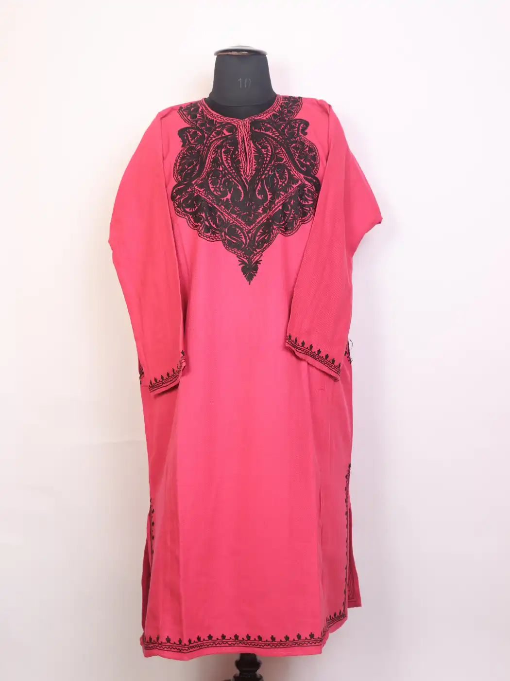 Pink Kashmiri Pheran Cashmilon With Black Aari Embroidered