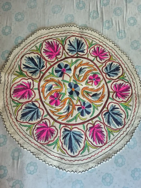 Gulnar Rangoli Kashmiri Wool Namda with Pink and Blue Floral Medallion – 4x4 Feet