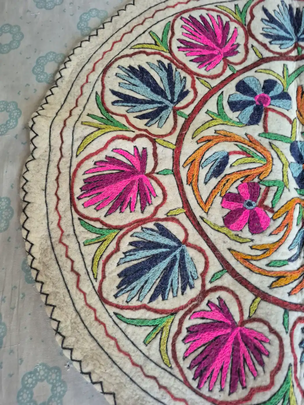 Gulnar Rangoli Kashmiri Wool Namda with Pink and Blue Floral Medallion – 4x4 Feet - Image 4