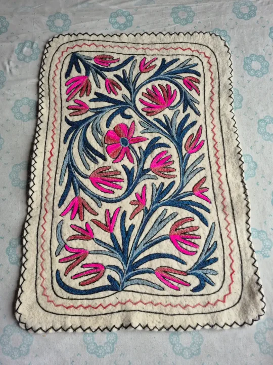 Gulshan-e-Noor Hand Embroidered Namda Rug – Pink & Blue Floral Design | 3×2 ft