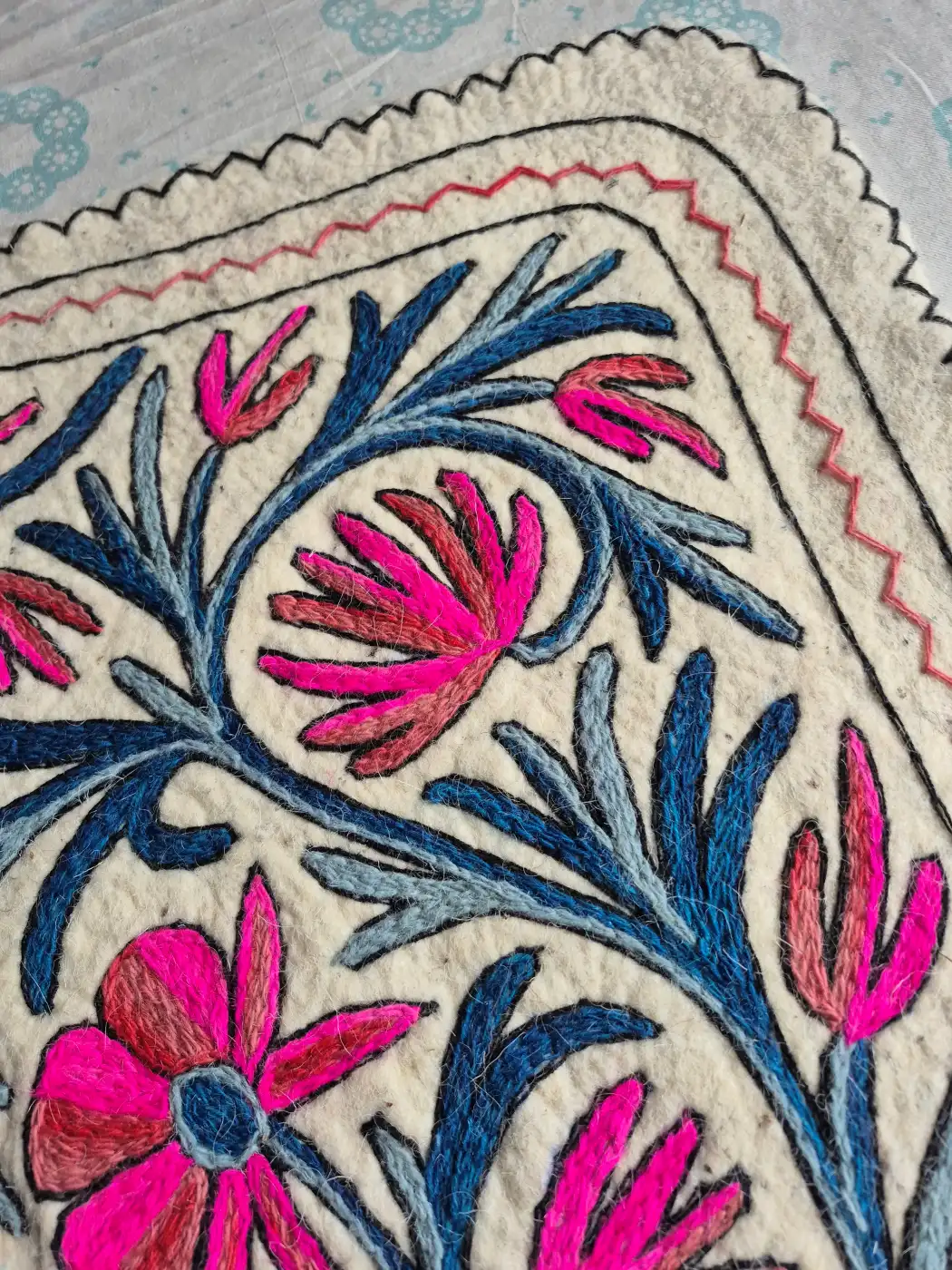 Gulshan-e-Noor Hand Embroidered Namda Rug – Pink & Blue Floral Design | 3×2 ft - Image 2