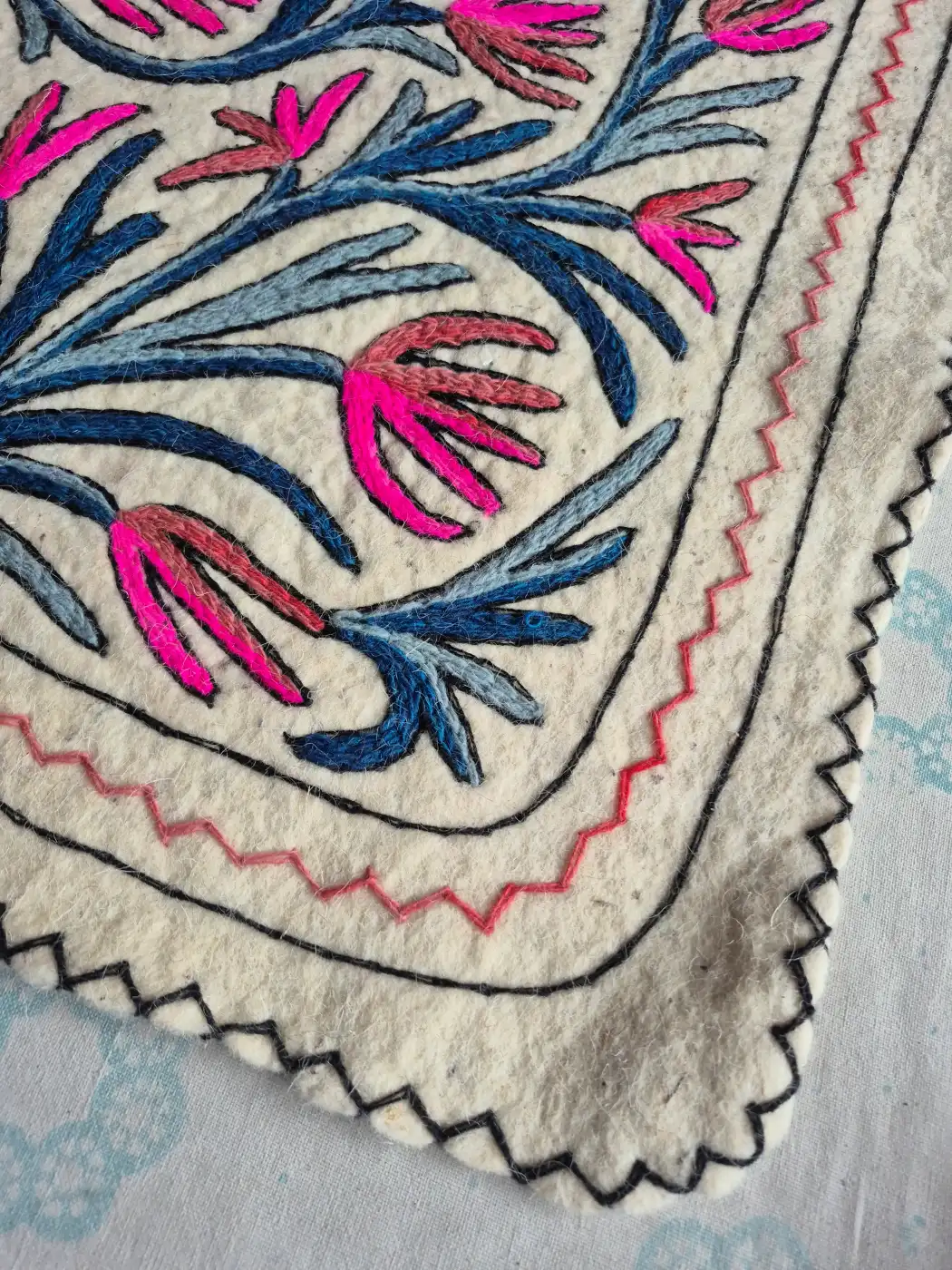 Gulshan-e-Noor Hand Embroidered Namda Rug – Pink & Blue Floral Design | 3×2 ft - Image 3