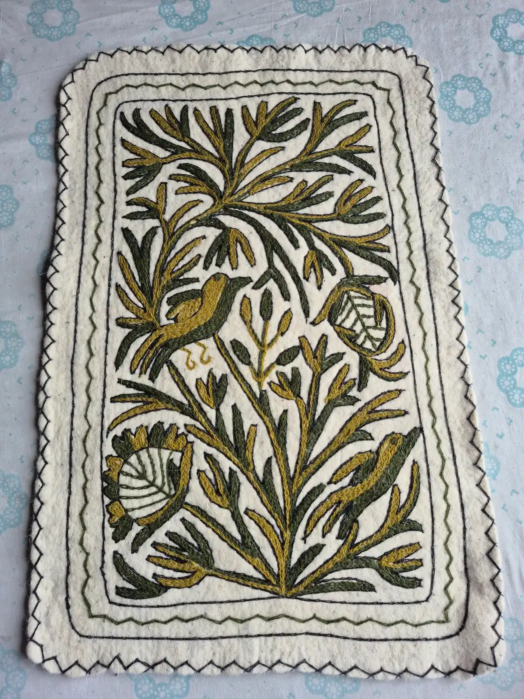 Gulshan-e-Sabz Hand Embroidered Namda Rug – Peacock Floral Design | 3×2 ft