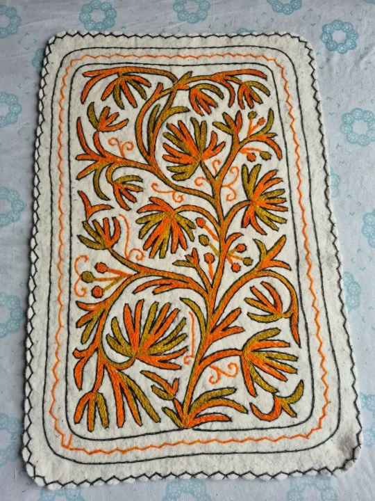 Gulzar Hand Embroidered Namda Rug – Orange Floral Design | 3×2 ft