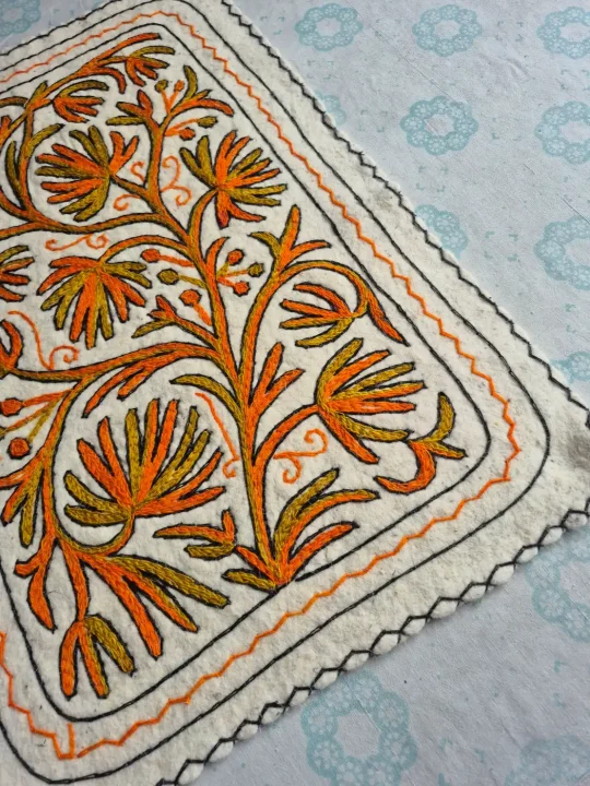 Gulzar Hand Embroidered Namda Rug – Orange Floral Design | 3×2 ft - Image 2