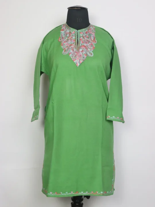 Hadeer Kashmiri Girls Pheran with Aari Work in Green Cashmilon Wool (12 to 13Y)