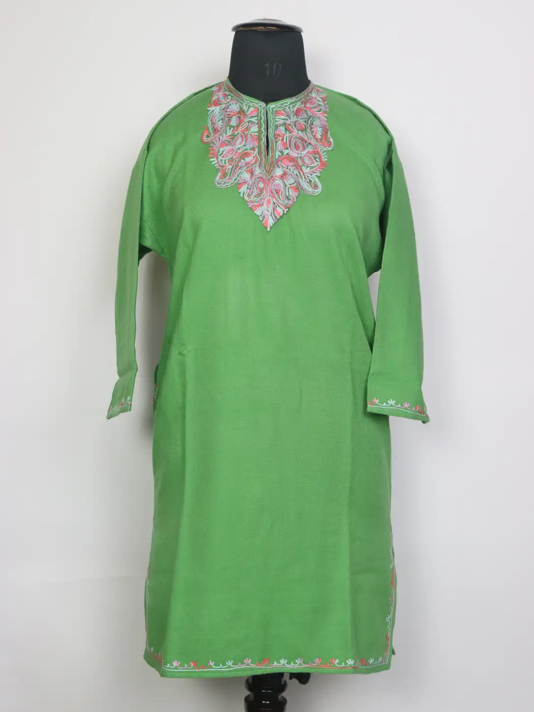 Hadeer Kashmiri Girls Pheran with Aari Work in Green Cashmilon Wool (12 to 13Y)
