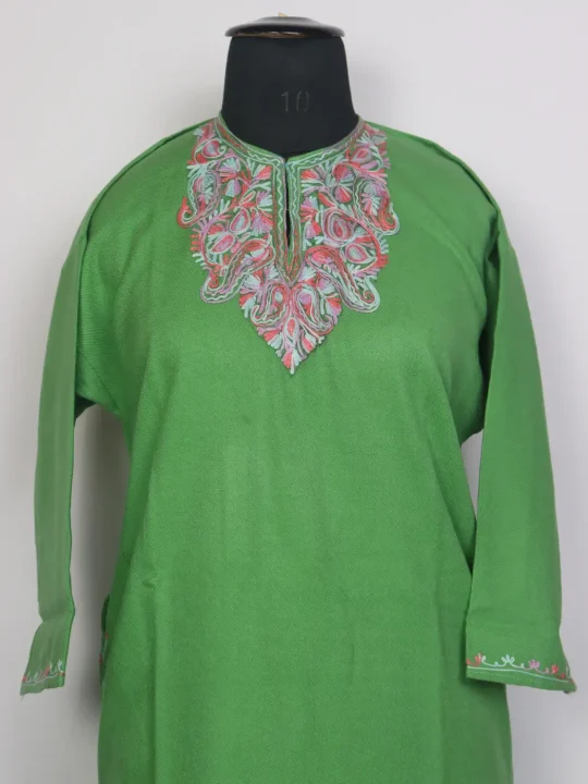 Hadeer Kashmiri Girls Pheran with Aari Work in Green Cashmilon Wool (12 to 13Y) - Image 2