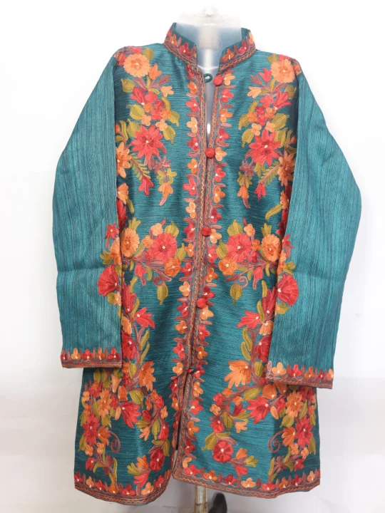 Kashmiri Hadiya Silk Coat Short Aari Embroidered With Lining