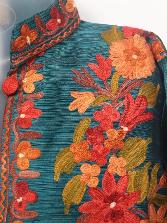 Kashmiri Hadiya Silk Coat Short Aari Embroidered - Image 3