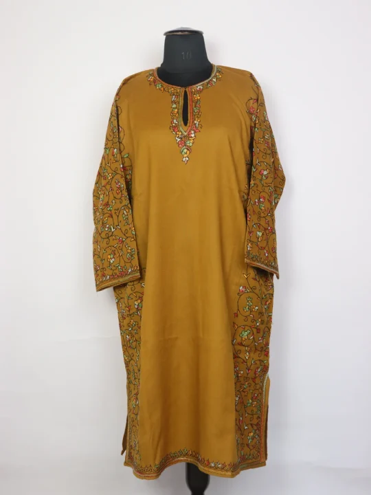 Mustard Kashmiri Pheran Raffal Wool With Hand Sozni Paper Mache Side Jaal Work | Afsa