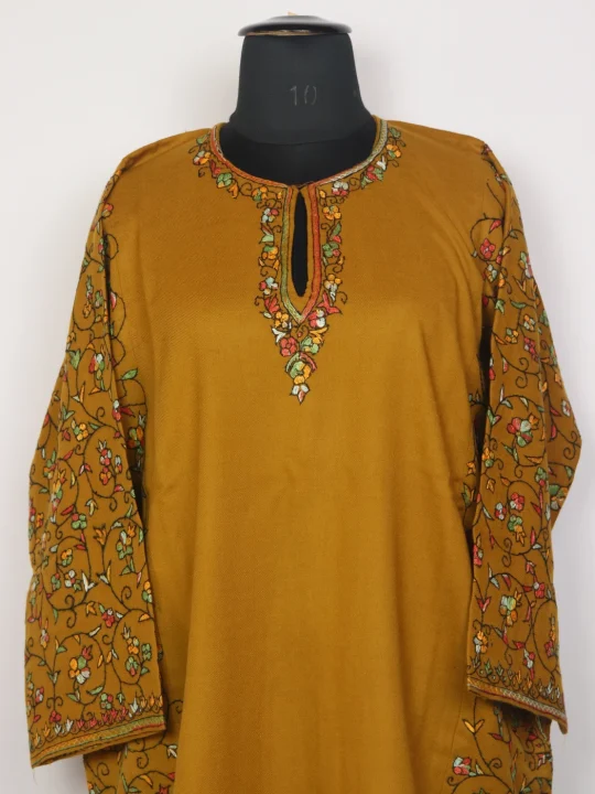 Mustard Kashmiri Pheran Raffal Wool With Hand Sozni Paper Mache Side Jaal Work | Afsa - Image 2