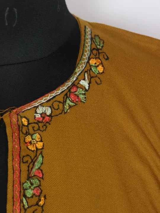 Mustard Kashmiri Pheran Raffal Wool With Hand Sozni Paper Mache Side Jaal Work | Afsa - Image 3