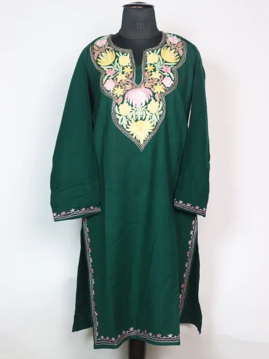 Kashmiri Pheran Bottle Green In Cashmilon Wool With Aari Embroidery | Haleema