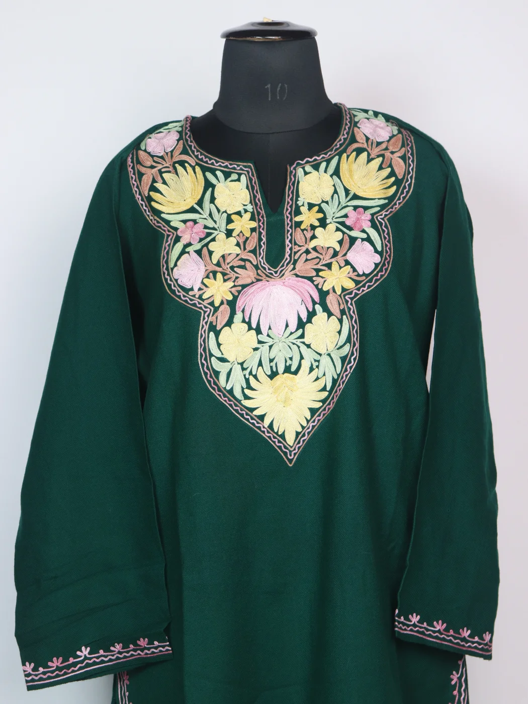 Kashmiri Pheran Bottle Green In Cashmilon Wool With Aari Embroidery | Haleema - Image 2