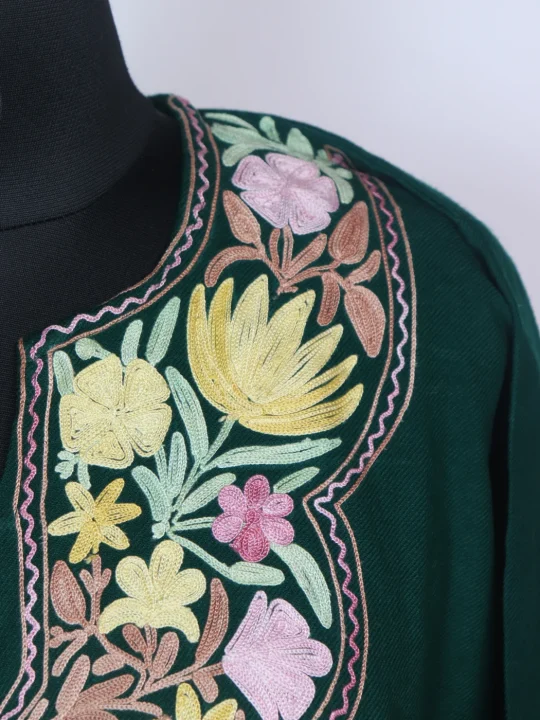 Kashmiri Pheran Bottle Green In Cashmilon Wool With Aari Embroidery | Haleema - Image 3