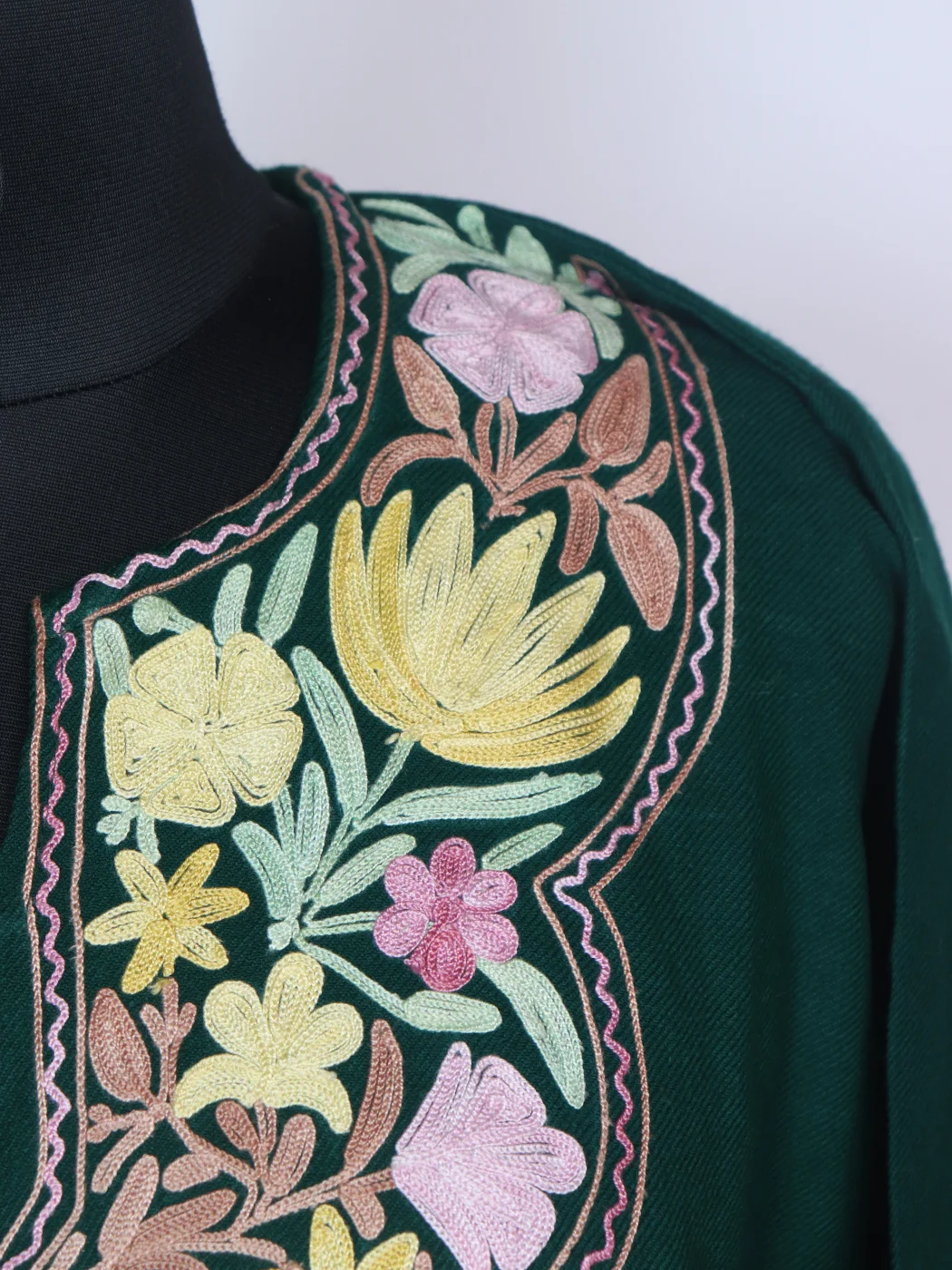Kashmiri Pheran Bottle Green In Cashmilon Wool With Aari Embroidery | Haleema - Image 3