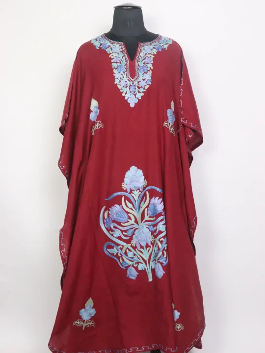 Hamna Maroon Kashmiri Long Kaftaan in Crush Cotton with Aari Work