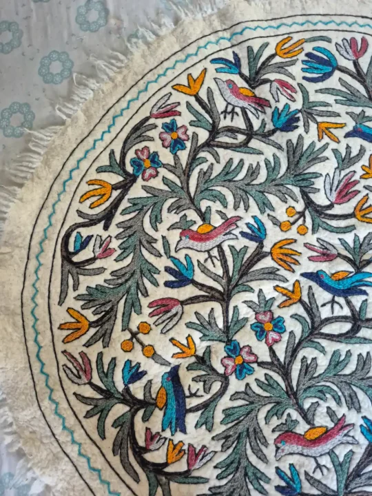 Hand Embroidered Kashmiri Namda Round Rug with Bird and Botanical Garden Motifs – 5x5 Feet - Image 3