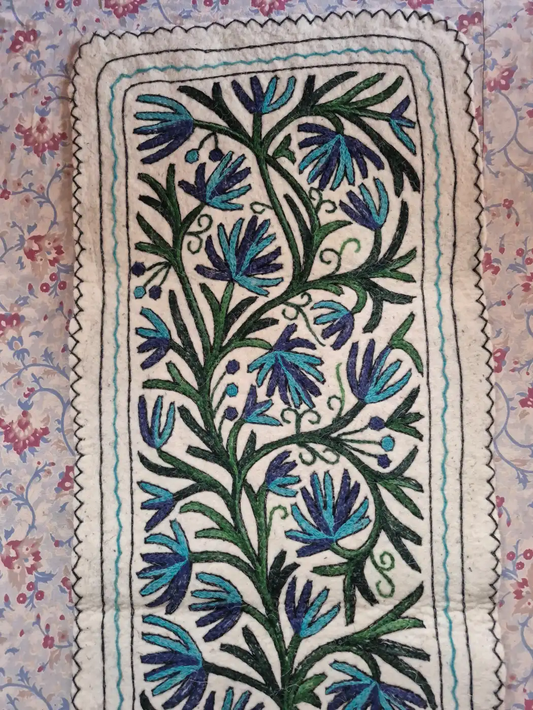 Hand Embroidered Kashmiri Namda Runner with Blue Floral Vine Design – 6x2 - Image 2