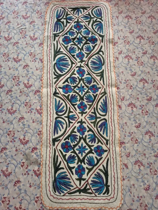 Hand Embroidered Kashmiri Namda Runner with Geometric Floral Motifs and Blue Threadwork -6x2