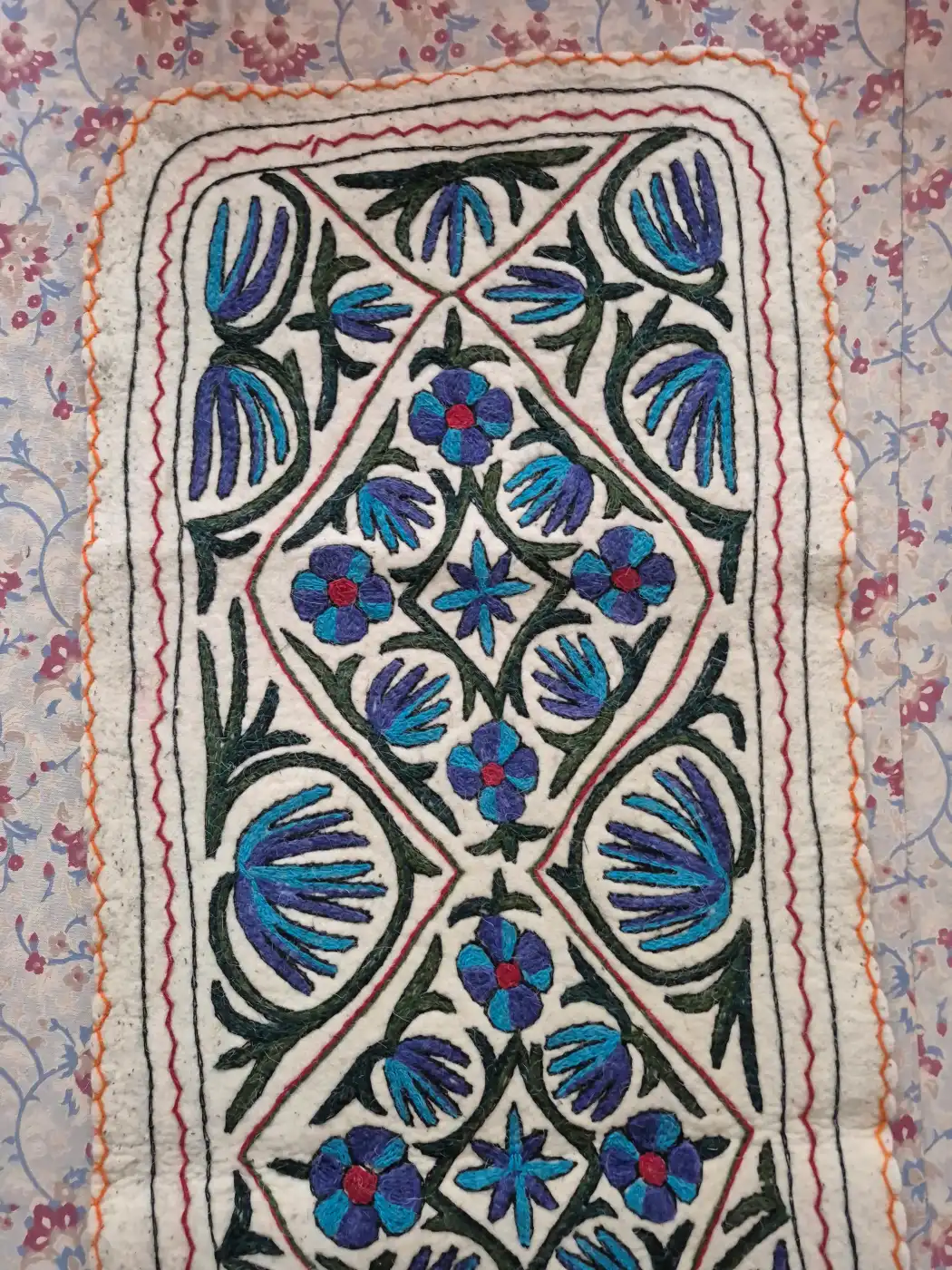 Hand Embroidered Kashmiri Namda Runner with Geometric Floral Motifs and Blue Threadwork -6x2 - Image 2