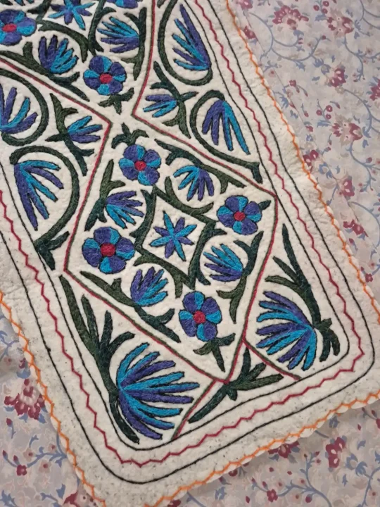 Hand Embroidered Kashmiri Namda Runner with Geometric Floral Motifs and Blue Threadwork -6x2 - Image 3