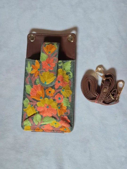 Haneen Kashmiri Brown Mobile And Card Sling Bag with Aari Embroidery
