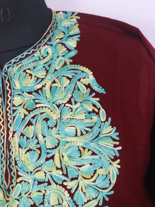 Haniya Aari Embroidered Kashmiri Cashmilon Maroon Pheran - Image 3