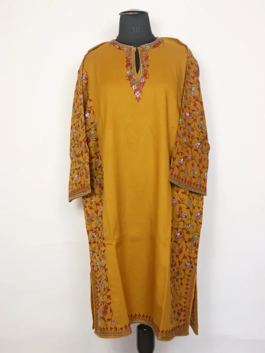 Mustard Kashmiri Pheran Raffal Wool Hand Sozni Paper Mache Side Jaal Embroidery | Hifza