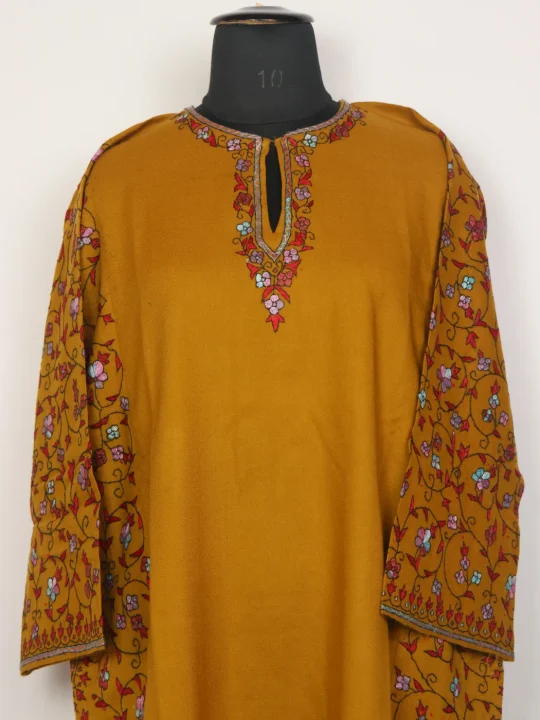 Mustard Kashmiri Pheran Raffal Wool Hand Sozni Paper Mache Side Jaal Embroidery | Hifza - Image 2