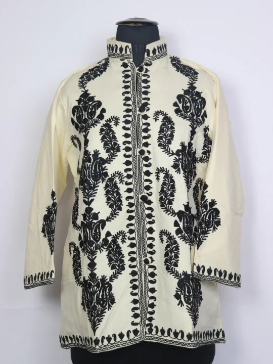 Hina Kashmiri Cream Cashmilon Wool Short Aari Embroidery Coat