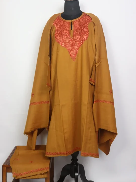 Hoor Kashmiri 3PC Yellow Pheran Set Raffal Wool Hand Sozni Paper Machie Style