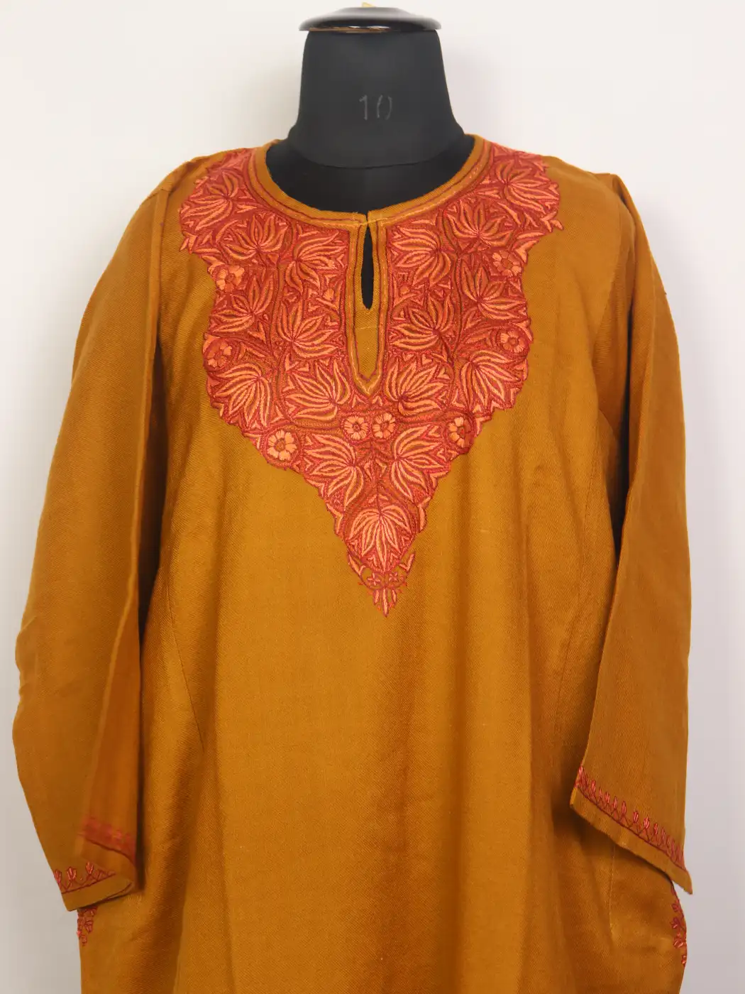 Hoor Kashmiri 3PC Yellow Pheran Set Raffal Wool Hand Sozni Paper Machie Style - Image 2
