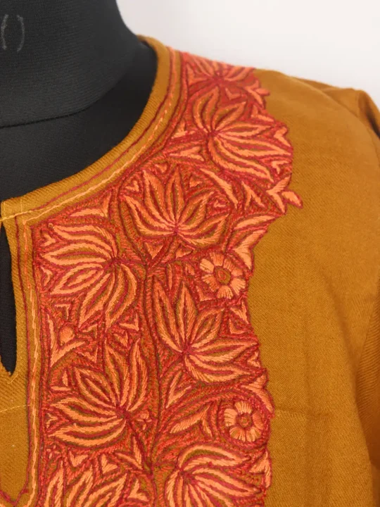 Hoor Kashmiri 3PC Yellow Pheran Set Raffal Wool Hand Sozni Paper Machie Style - Image 3