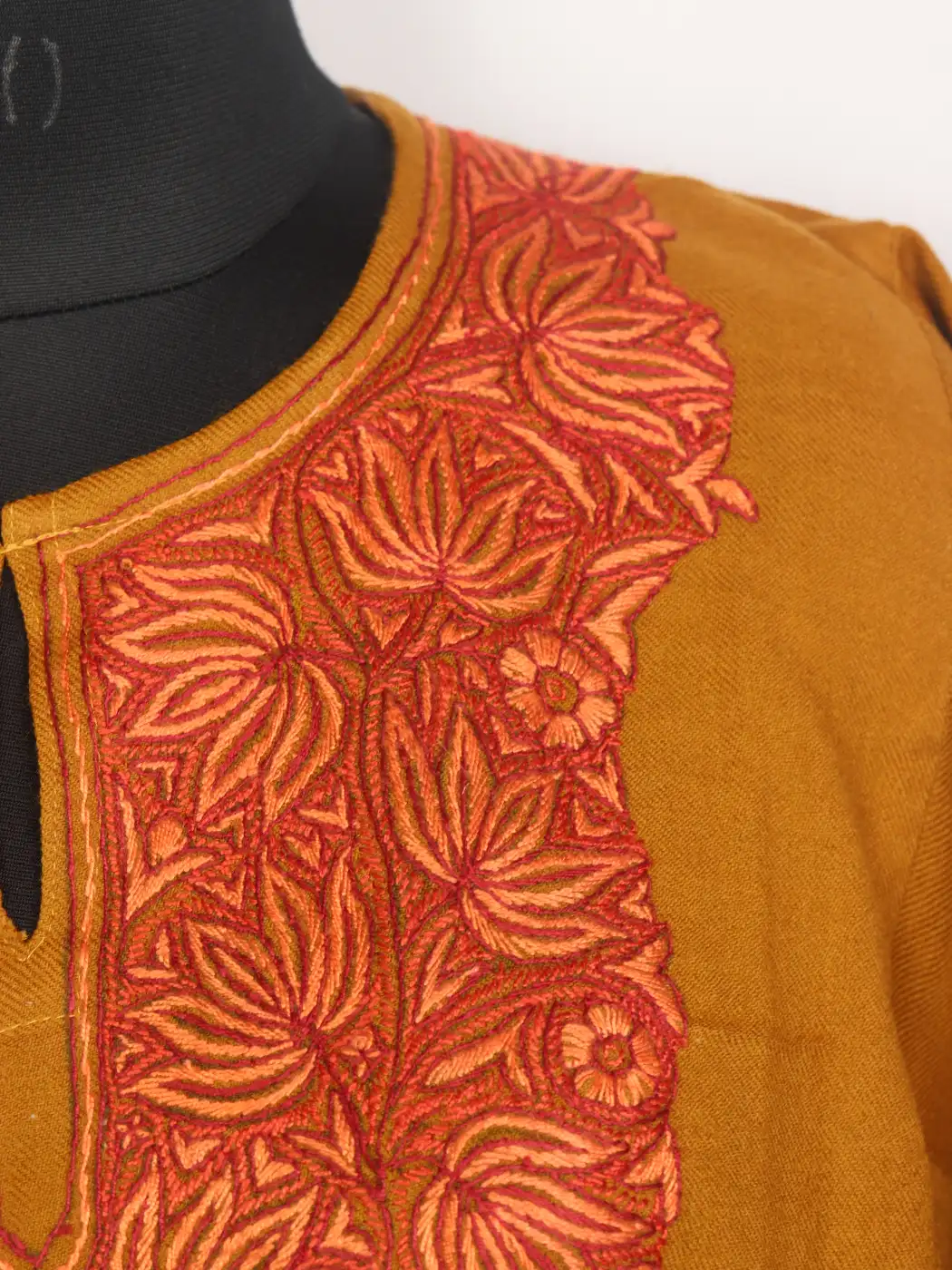 Hoor Kashmiri 3PC Yellow Pheran Set Raffal Wool Hand Sozni Paper Machie Style - Image 3