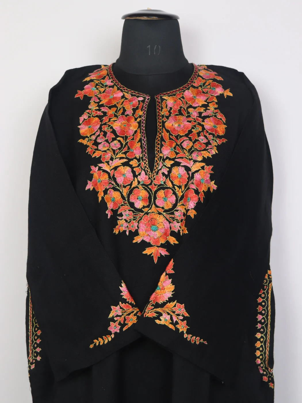 Black Kashmiri Pheran In Raffal Wool With Hand Sozni and Paper Mache Embroidery | Hooriya - Image 2