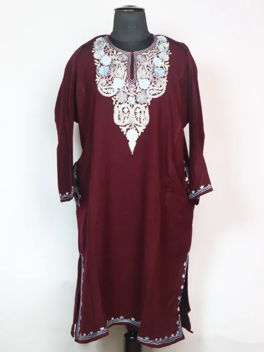 Wine Kashmiri Pheran In Cashmilon Wool With Aari Embroidery | Huma
